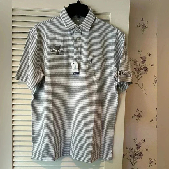 NWT Johnnie - O Hangin’ Out Collection Grey & White Stripe Polo in Size M - Picture 1 of 8